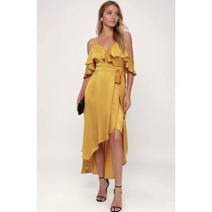 LULUS Layla Mustard Satin Wrap Midi Dress Off The Shoulder Size Medium Adjustabl